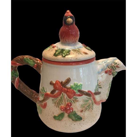 Cardinal Figural Teapot Block Basics Festive Ribbon Colorful Christmas Teapot - Picture 1 of 6